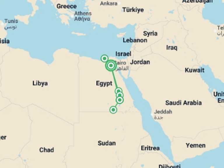 Map itinerary of Africa Tour in February 2027 with 6 destination visits for the trip: Premium Egypt in Depth