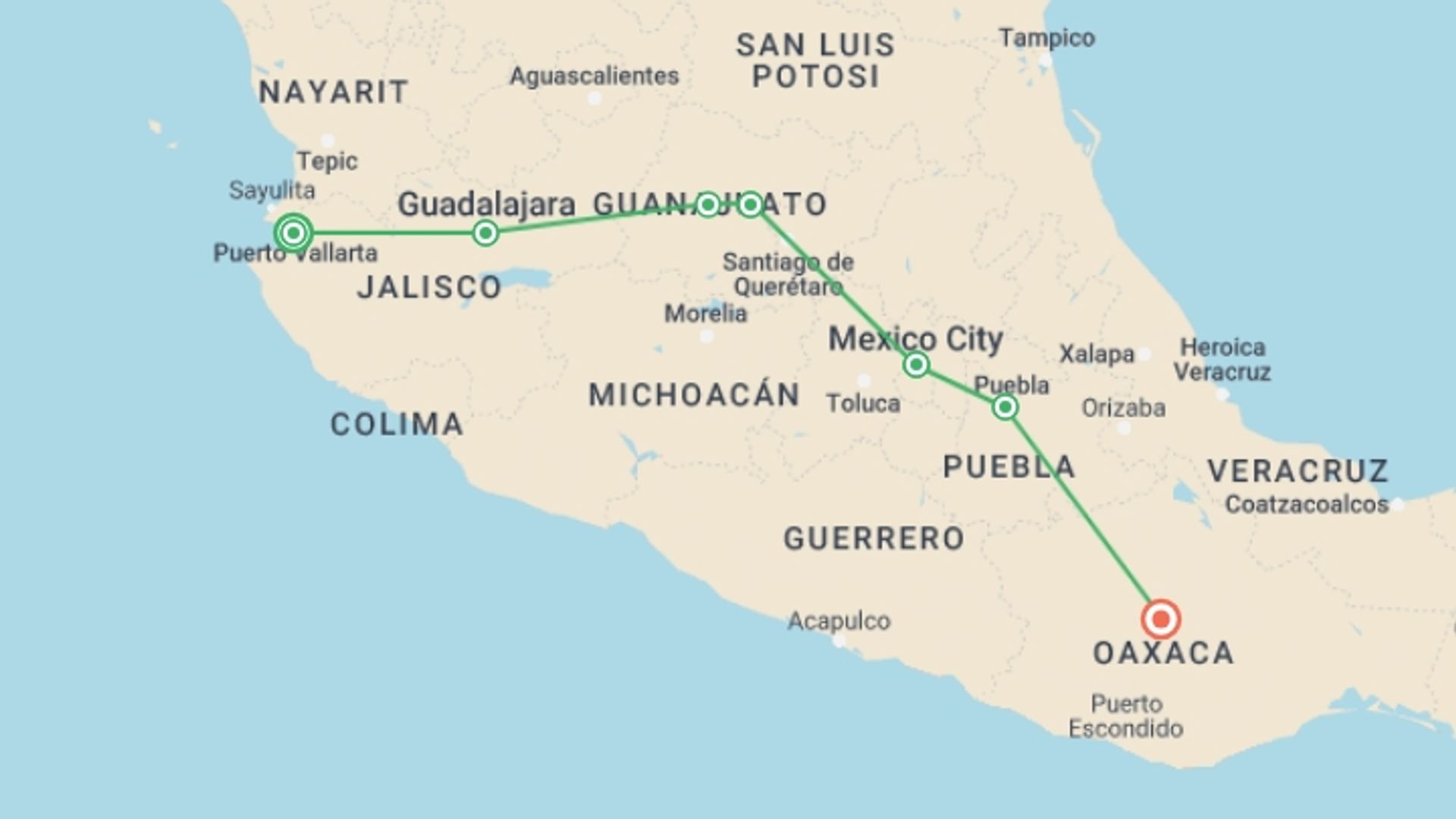 A map showing the tour itinerary for the trip: The Many Sides of Mexico: Puerto Vallarta to Oaxaca, starting in Puerto Vallarta, Mexico and ending in Oaxaca, Mexico going through 5 other destinations.