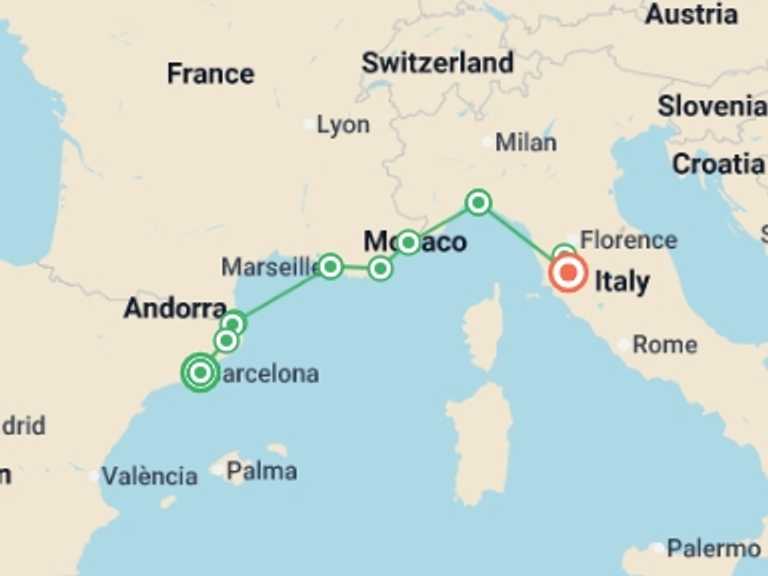 Map of Europe Tour with 9 destination visits for the trip: Mediterranean Coastal Journey Spain, France & Italy