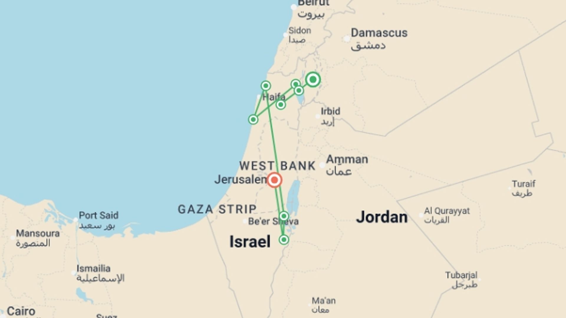 A map showing the tour itinerary for the trip: Classical Israel Tour Package, 5 Days From Jerusalem, starting in Ramot Naftali, Israel and ending in Ramot Naftali, Israel going through 5 other destinations.