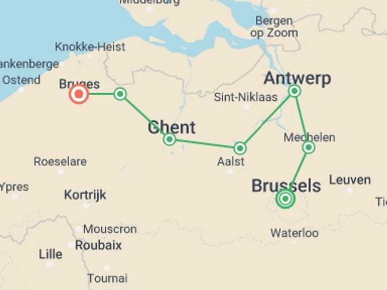 Map of a Bicycle Tour with 7 destination visits for the trip: Belgium Cycle - Brussels to Bruges