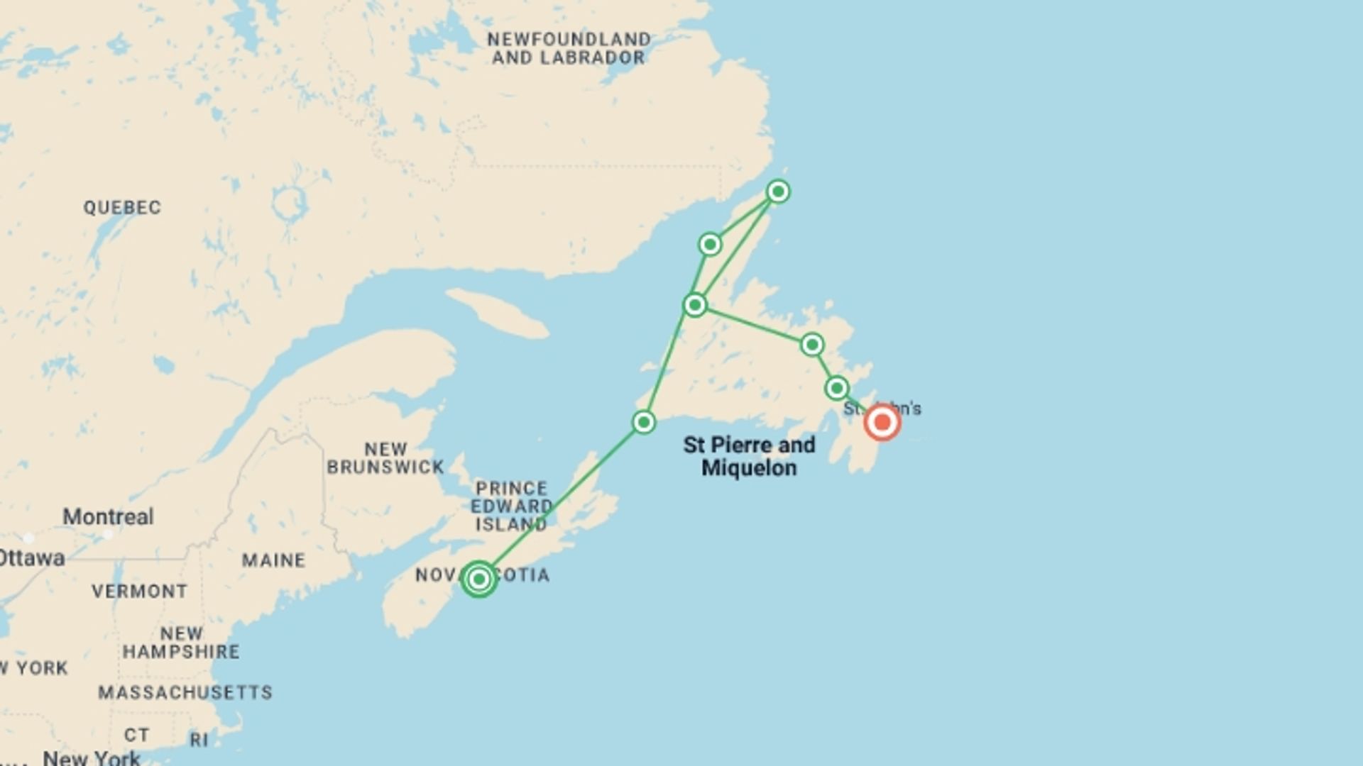 A map showing the tour itinerary for the trip: Circle Newfoundland & Labrador, starting in Halifax, Canada and ending in St John, Canada going through 8 other destinations.