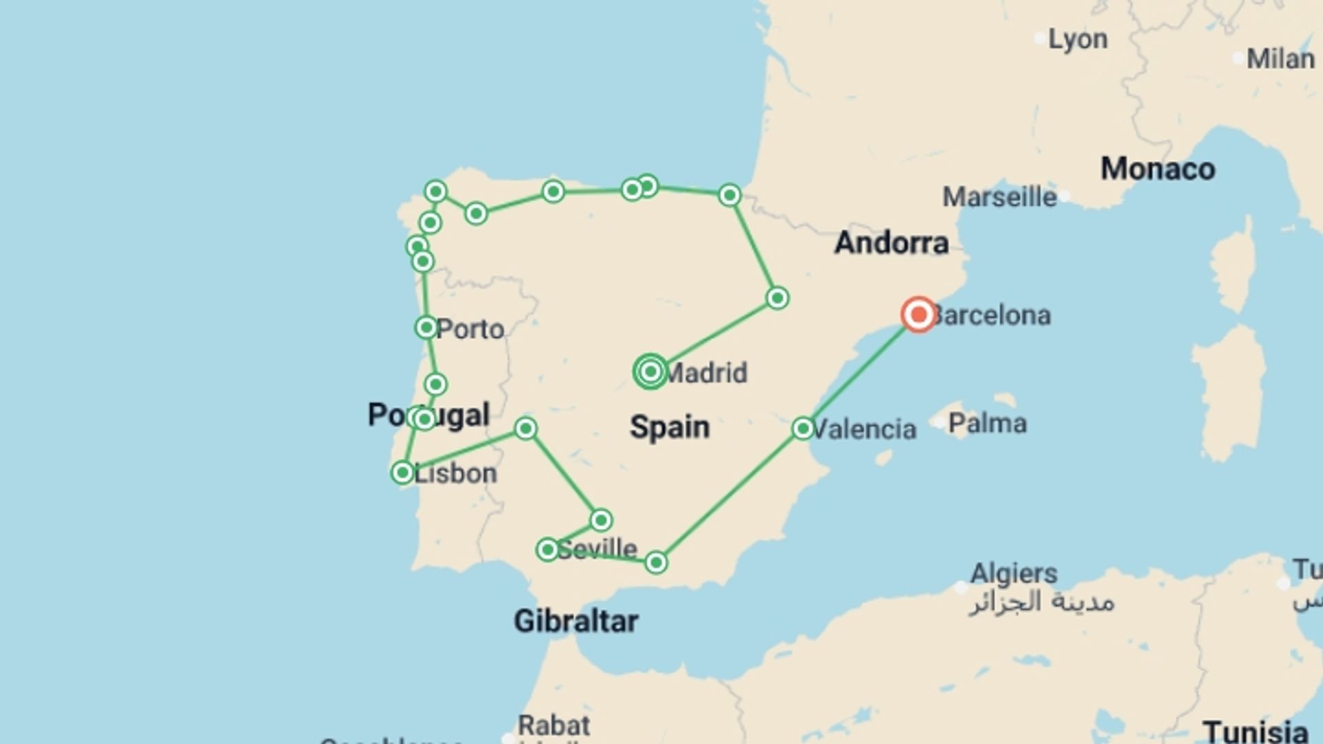 A map showing the tour itinerary for the trip: Madrid & Iberian Tour, 22 Days, starting in Madrid, Spain and ending in Barcelona, Spain going through 13 other destinations.