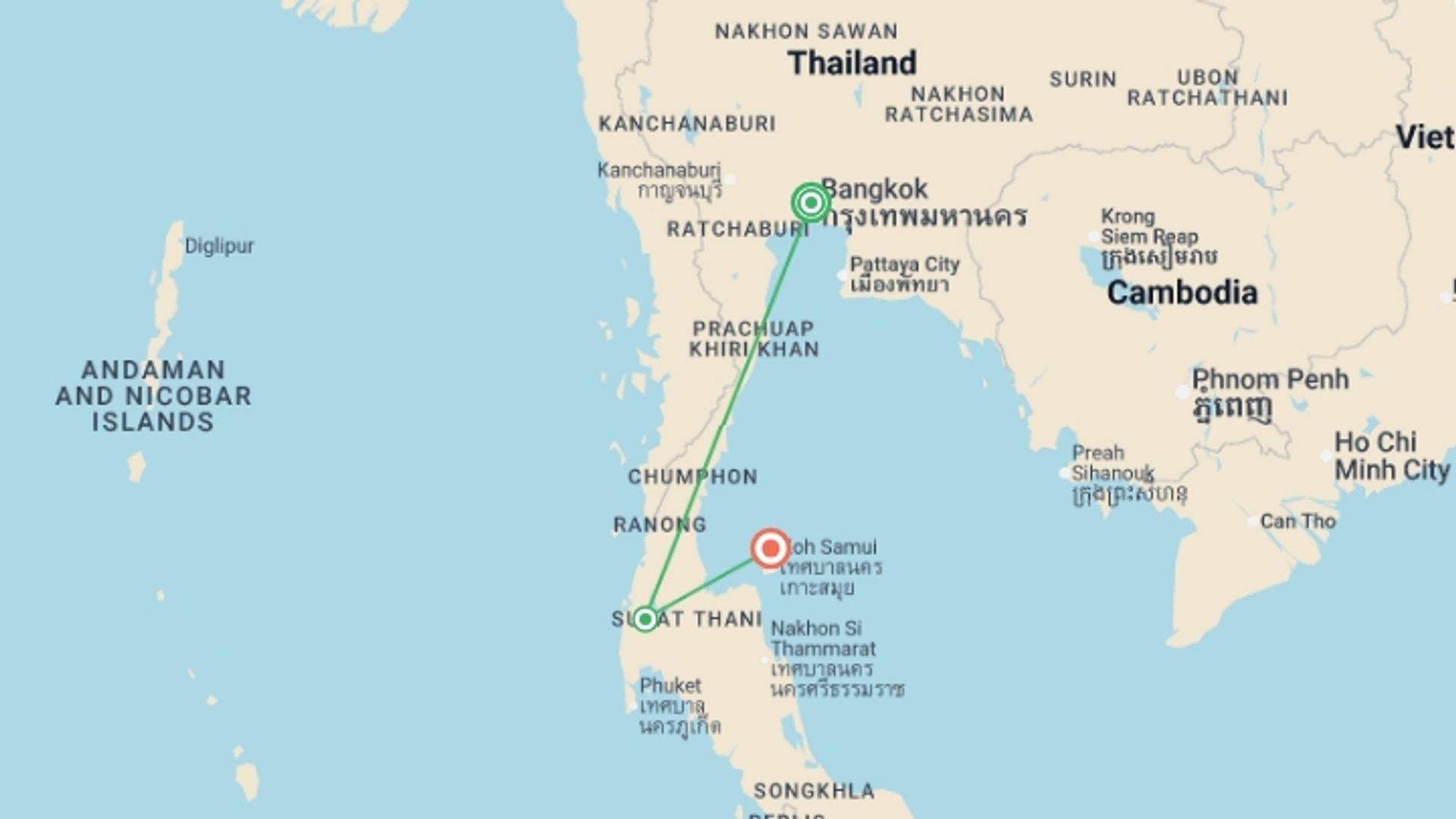 A map showing the tour itinerary for the trip: Thai Intro 9 day, starting in Bangkok, Thailand and ending in Koh Phangan, Thailand going through 1 other destinations.