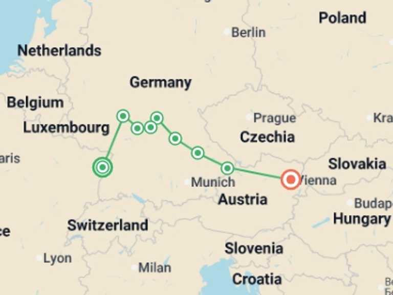 Map itinerary of Vienna Tour in April 2026 with 9 destination visits for the trip: Cruise through the Heart of Europe from the Rhine to the Danube (port-to-port cruise)