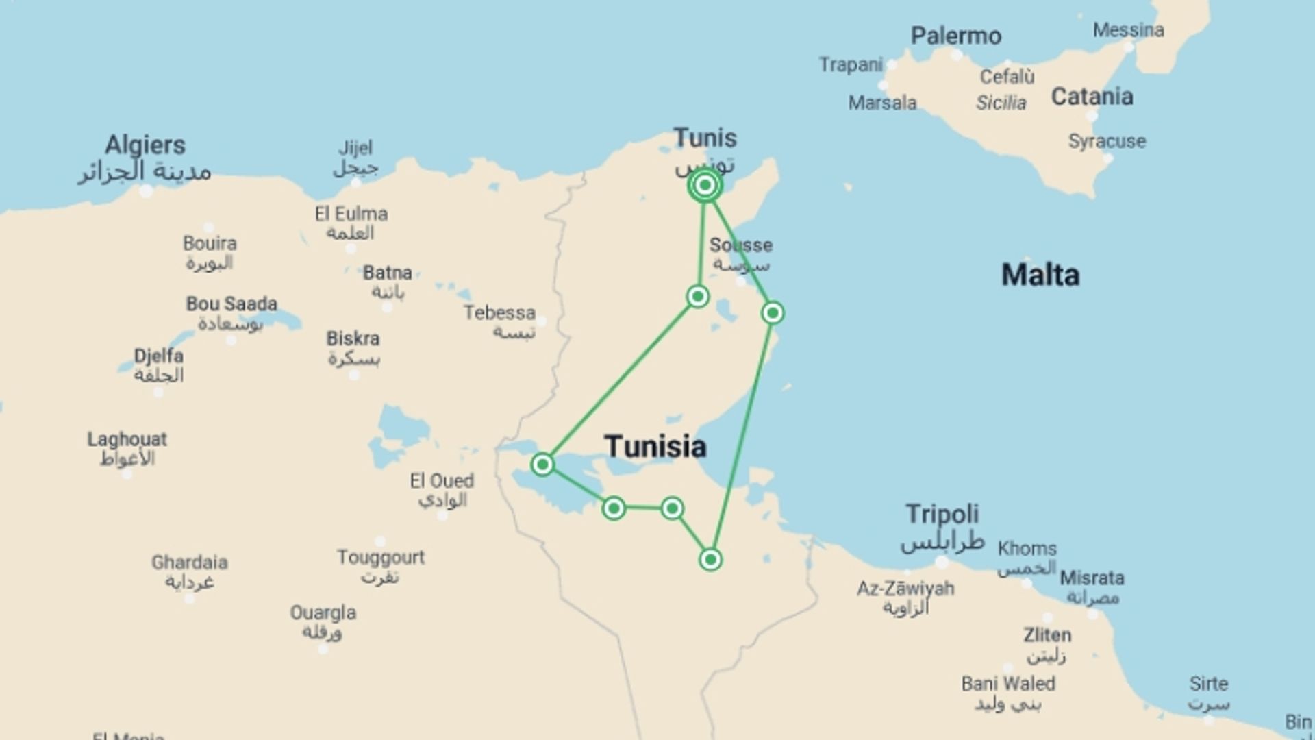 A map showing the tour itinerary for the trip: Tunisia Expedition, starting in Tunis, Tunisia and ending in Tunis, Tunisia going through 6 other destinations.