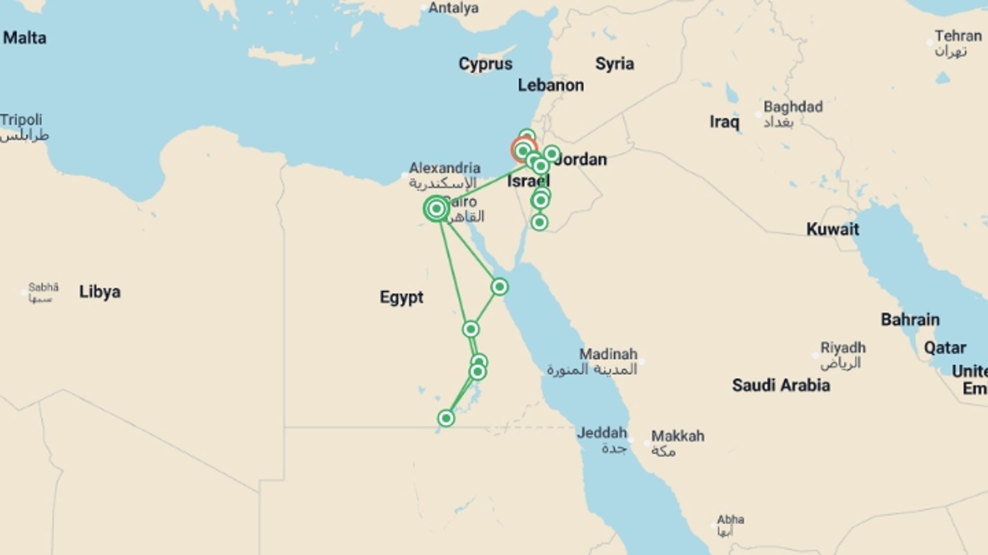 A map showing the tour itinerary for the trip: Budget Felucca Explorer, Jordan & Israel - 18 days, starting in Cairo, Egypt and ending in Tel Aviv, Israel going through 10 other destinations.