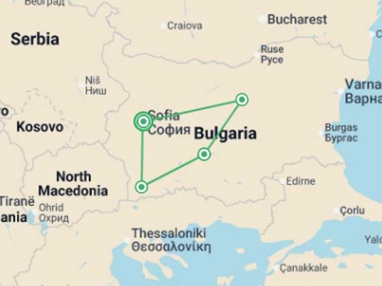 Map of Bulgaria Tour with 2 destination visits for the trip: Authentic Bulgaria