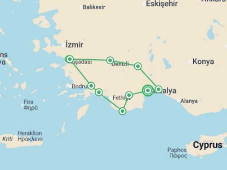 Map of Europe Tour with 11 destination visits for the trip: Highlights and hidden gems of Western Turkey