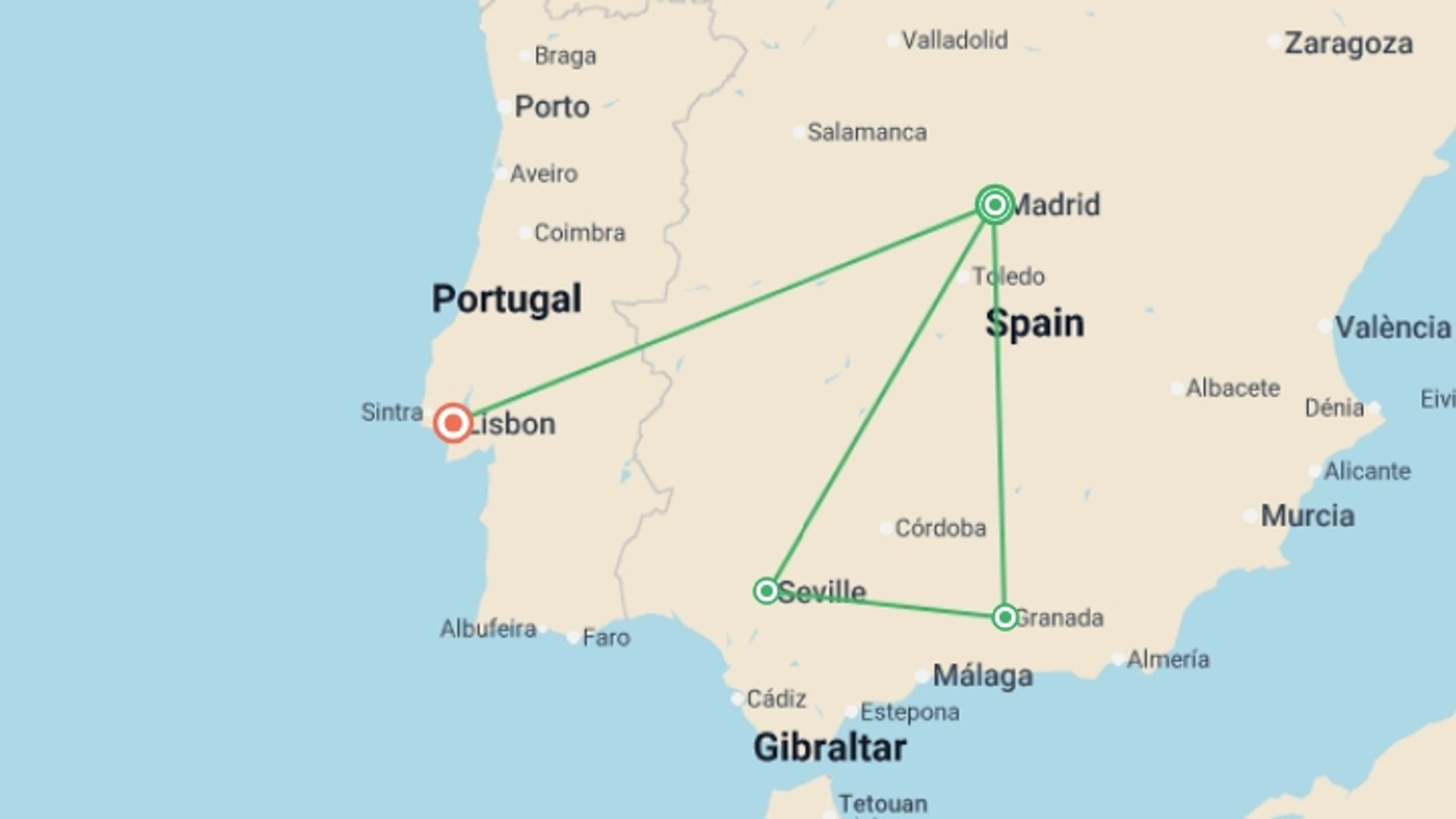 A map showing the tour itinerary for the trip: Essential Spain and Lisbon, starting in Madrid, Spain and ending in Lisbon, Portugal going through 2 other destinations.