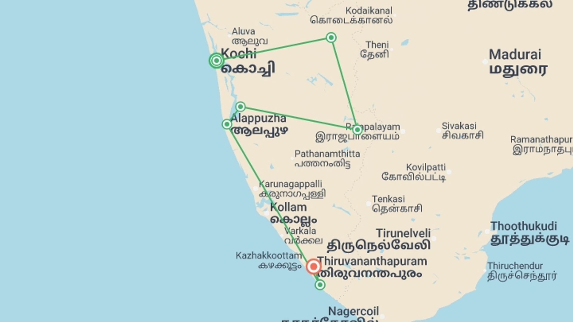 A map showing the tour itinerary for the trip: Kerala Discovery - 10 days, starting in Kochi, India and ending in Trivandrum, India going through 6 other destinations.