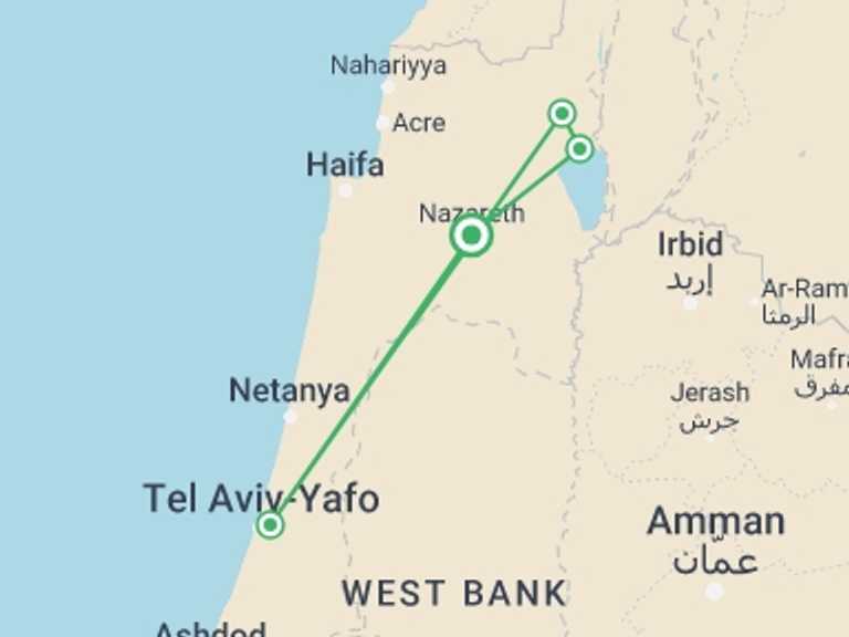 Map itinerary of Tel Aviv Tour in June 2026 with 3 destination visits for the trip: Nazareth And The Sea Of Galilee, 2 Days From Jerusalem
