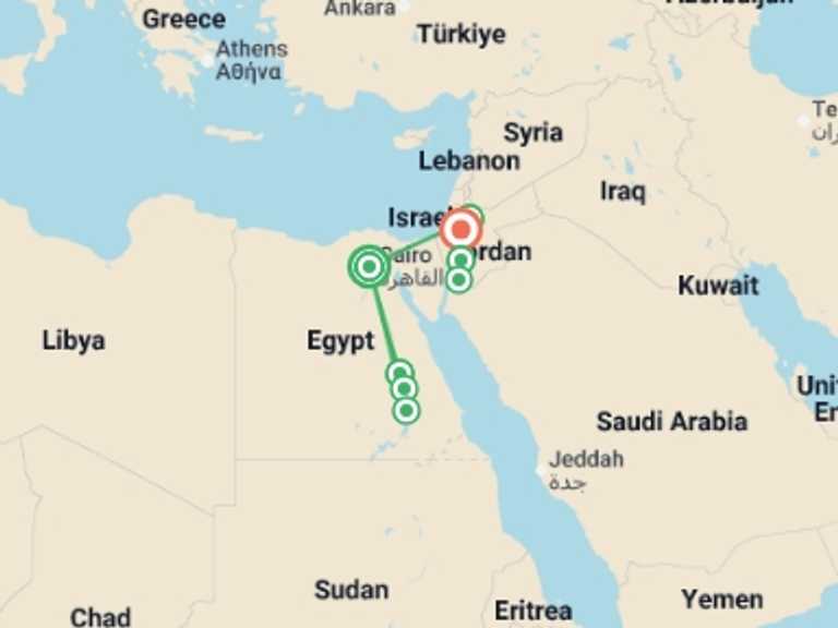 Map itinerary of Africa Tour in February 2027 with 8 destination visits for the trip: Signature: Egypt & Jordan's Ancient Wonders