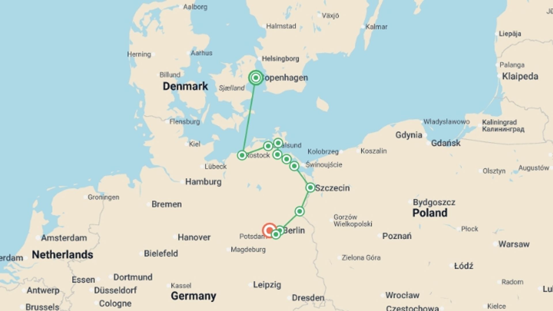 A map showing the tour itinerary for the trip: From Copenhagen to Berlin: The Baltic Sea and the Oder and Havel Rivers (port-to-port cruise), starting in Copenhagen, Denmark and ending in Spandau, Germany going through 6 other destinations.
