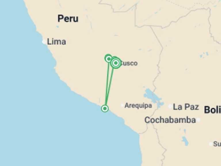 Map of South America Walking Tour with 6 destination visits for the trip: Inca Trail Adventure