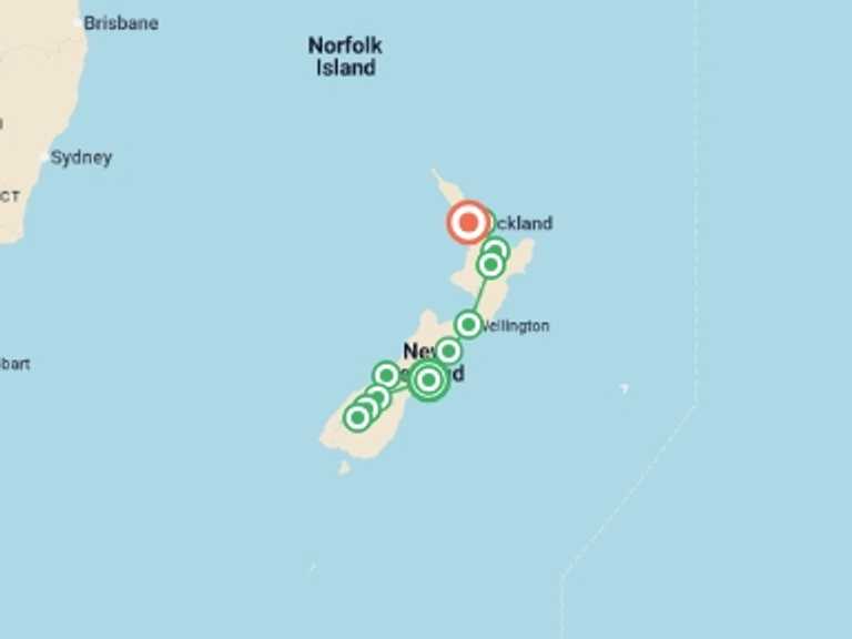 Map itinerary of Christchurch Tour in February 2027 with 11 destination visits for the trip: New Zealand Uncovered (Northbound)