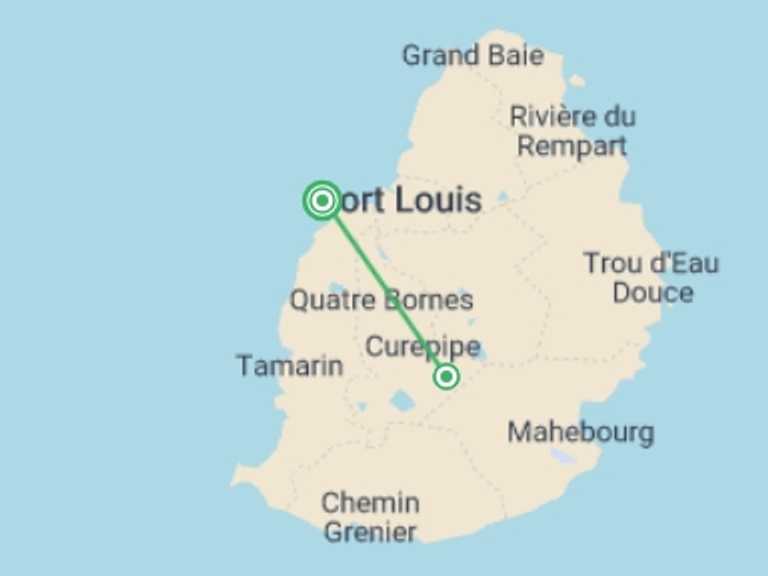 Map itinerary of Africa Tour in July 2026 with 2 destination visits for the trip: Mauritius Beach Week - 7 days