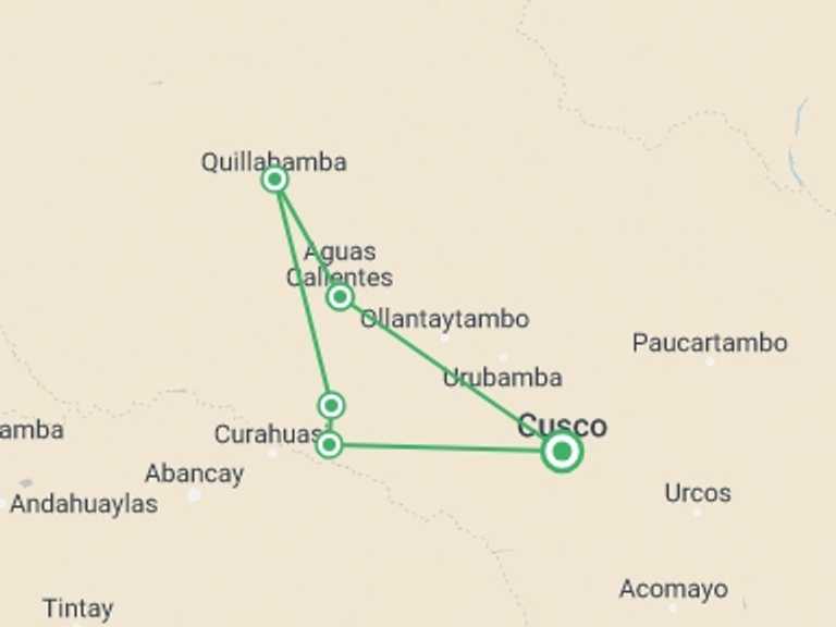 Map itinerary of Peru Tour in July 2027 with 6 destination visits for the trip: Salkantay Trek & Machu Picchu