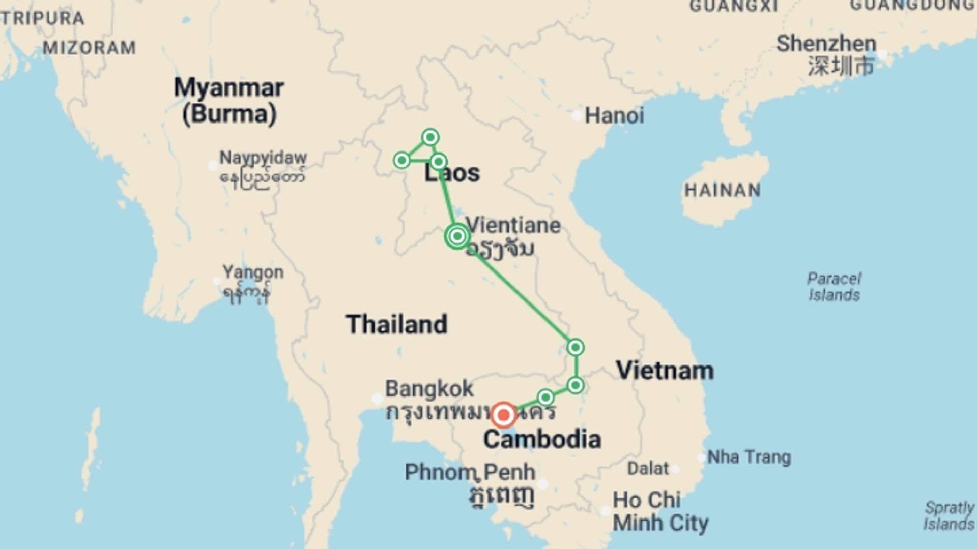 A map showing the tour itinerary for the trip: Spirit of Laos and Cambodia, starting in Vientiane, Laos and ending in Siem Reap, Cambodia going through 7 other destinations.