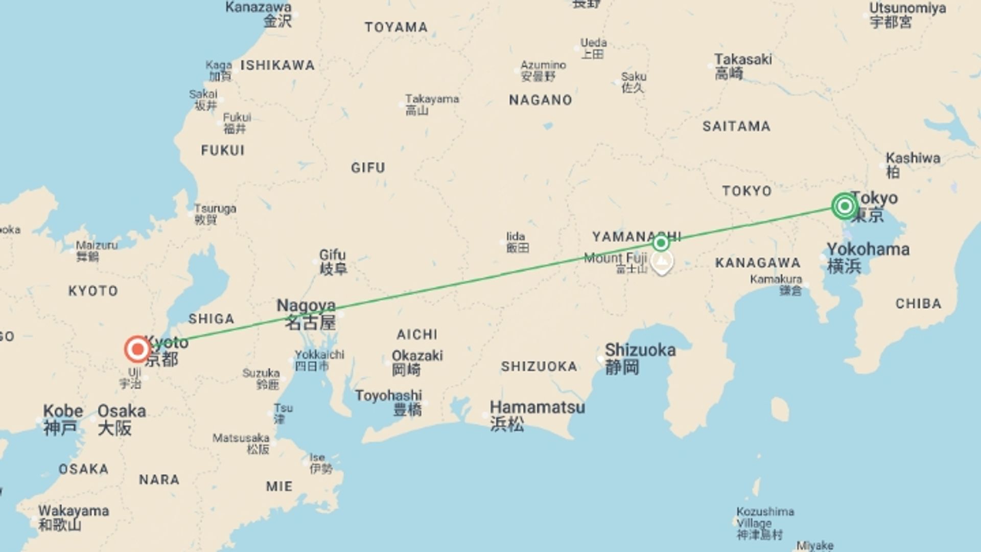 A map showing the tour itinerary for the trip: Central Japan End Kyoto, starting in Tokyo, Japan and ending in Kyoto, Japan going through 1 other destinations.