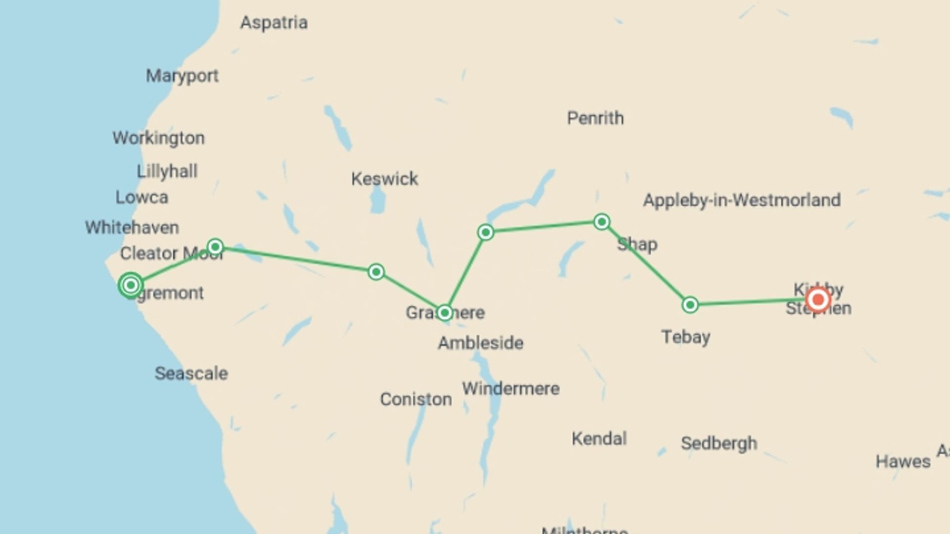 A map showing the tour itinerary for the trip: Coast to Coast West - St Bees to Kirkby Stephen - 9 Days, starting in St Bees, England and ending in Kirkby Stephen, England going through 6 other destinations.