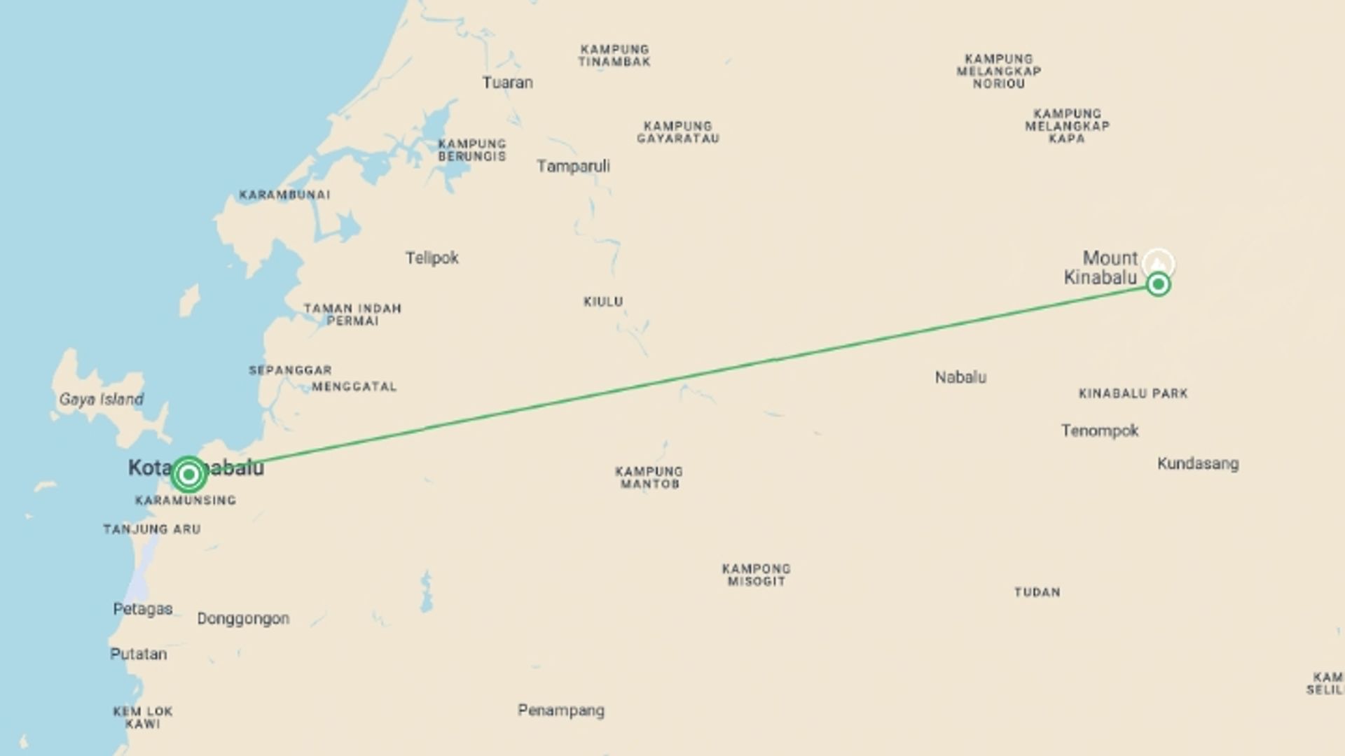 A map showing the tour itinerary for the trip: Trek Mt Kinabalu, starting in Kota Kinabalu, Malaysia and ending in Kota Kinabalu, Malaysia going through 1 other destinations.