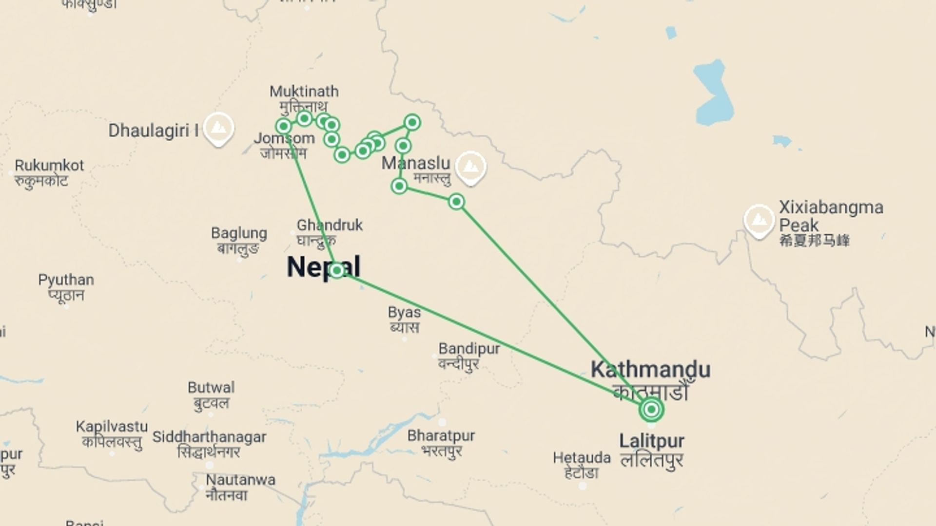 A map showing the tour itinerary for the trip: Nar Phu Valley & Thorong La Pass Trek, starting in Kathmandu, Nepal and ending in Kathmandu, Nepal going through 15 other destinations.