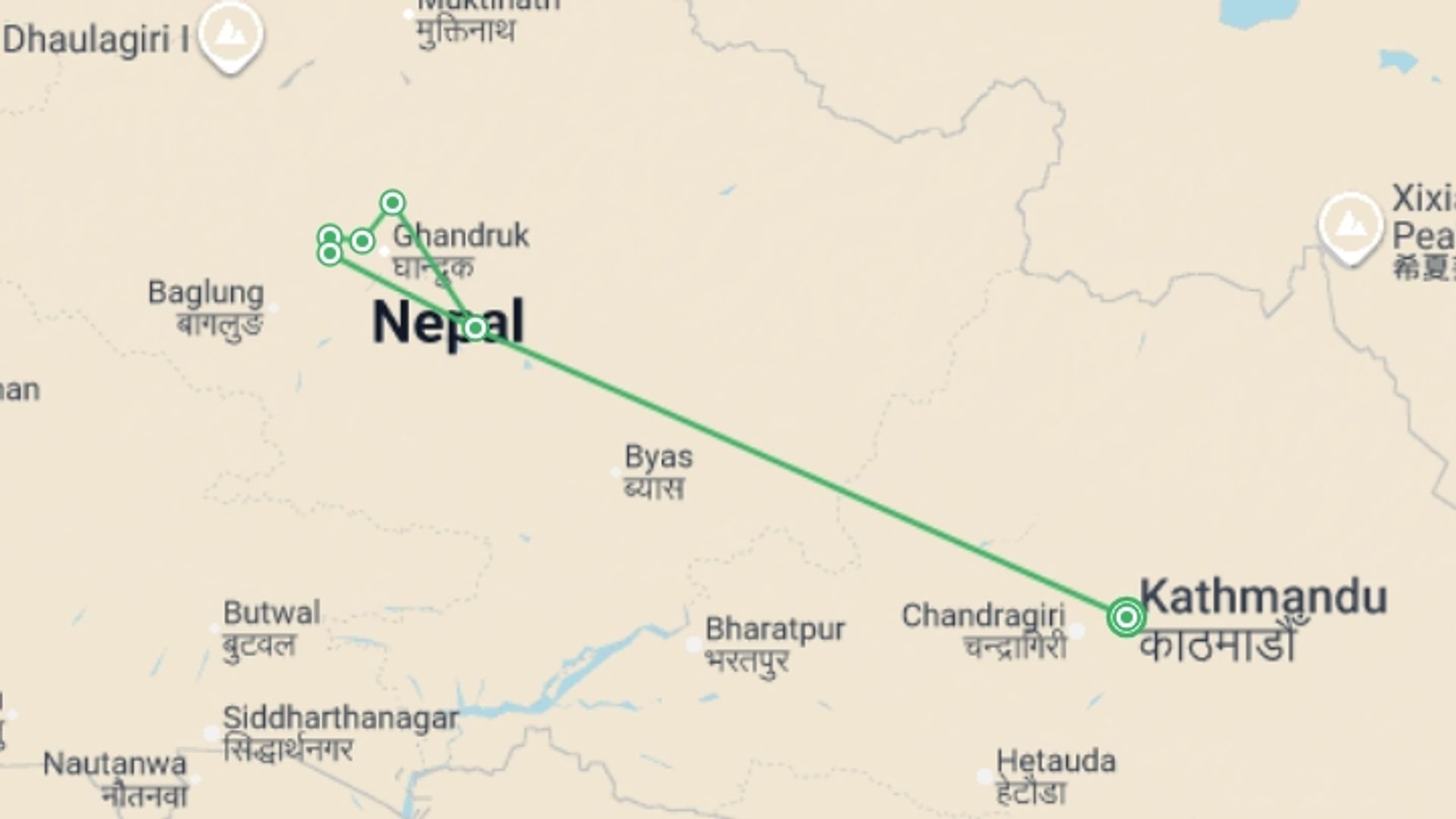 A map showing the tour itinerary for the trip: Annapurna Panoramic Trek - 9 days, starting in Kathmandu, Nepal and ending in Kathmandu, Nepal going through 5 other destinations.