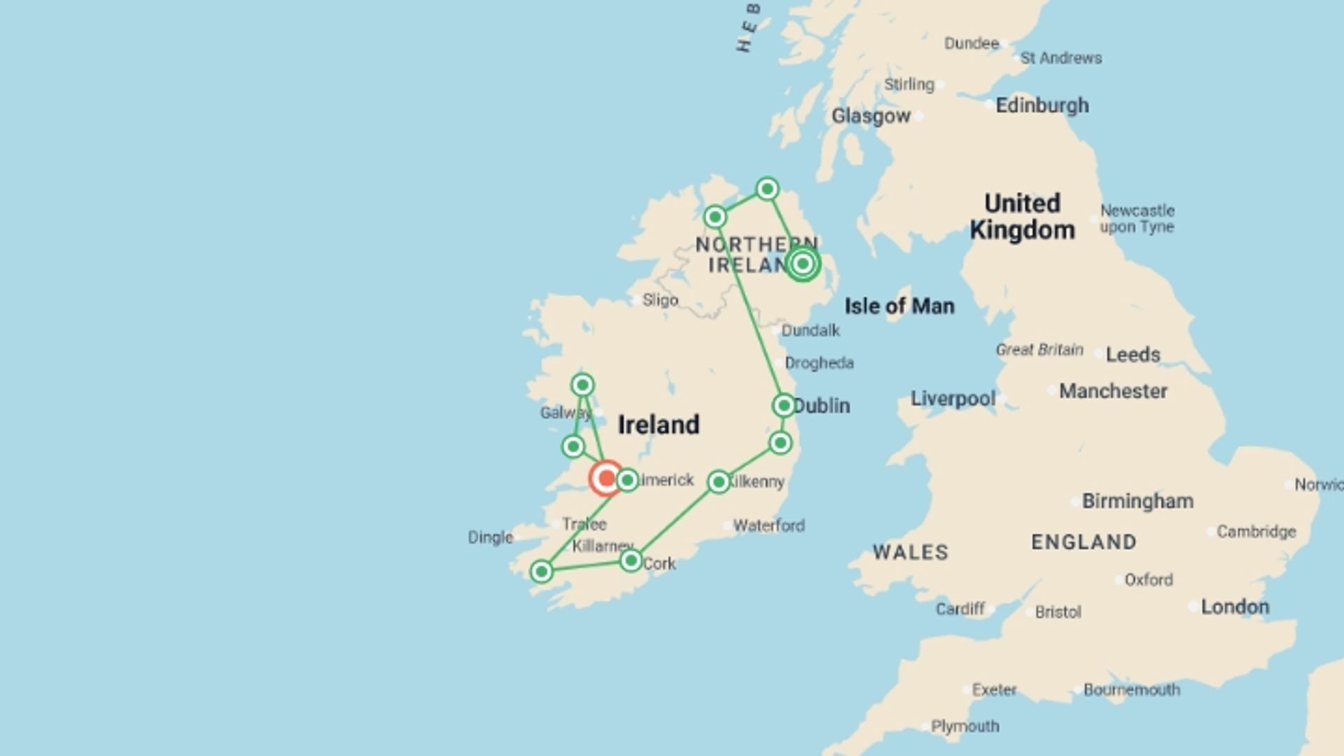 A map showing the tour itinerary for the trip: Ultimate Ireland, starting in Belfast, Ireland and ending in Shannon, Ireland going through 8 other destinations.