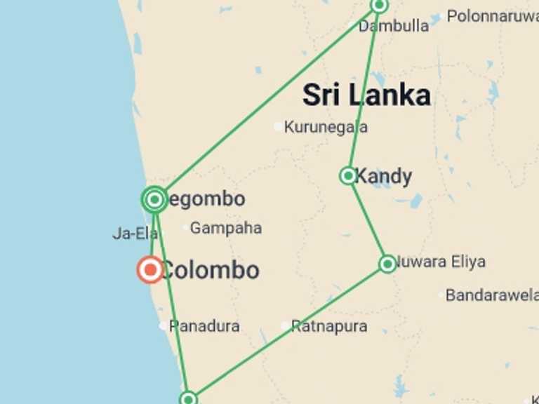 Map itinerary of Negombo Tour in Spring with 6 destination visits for the trip: Sri Lanka Luxury Honeymoon Tour