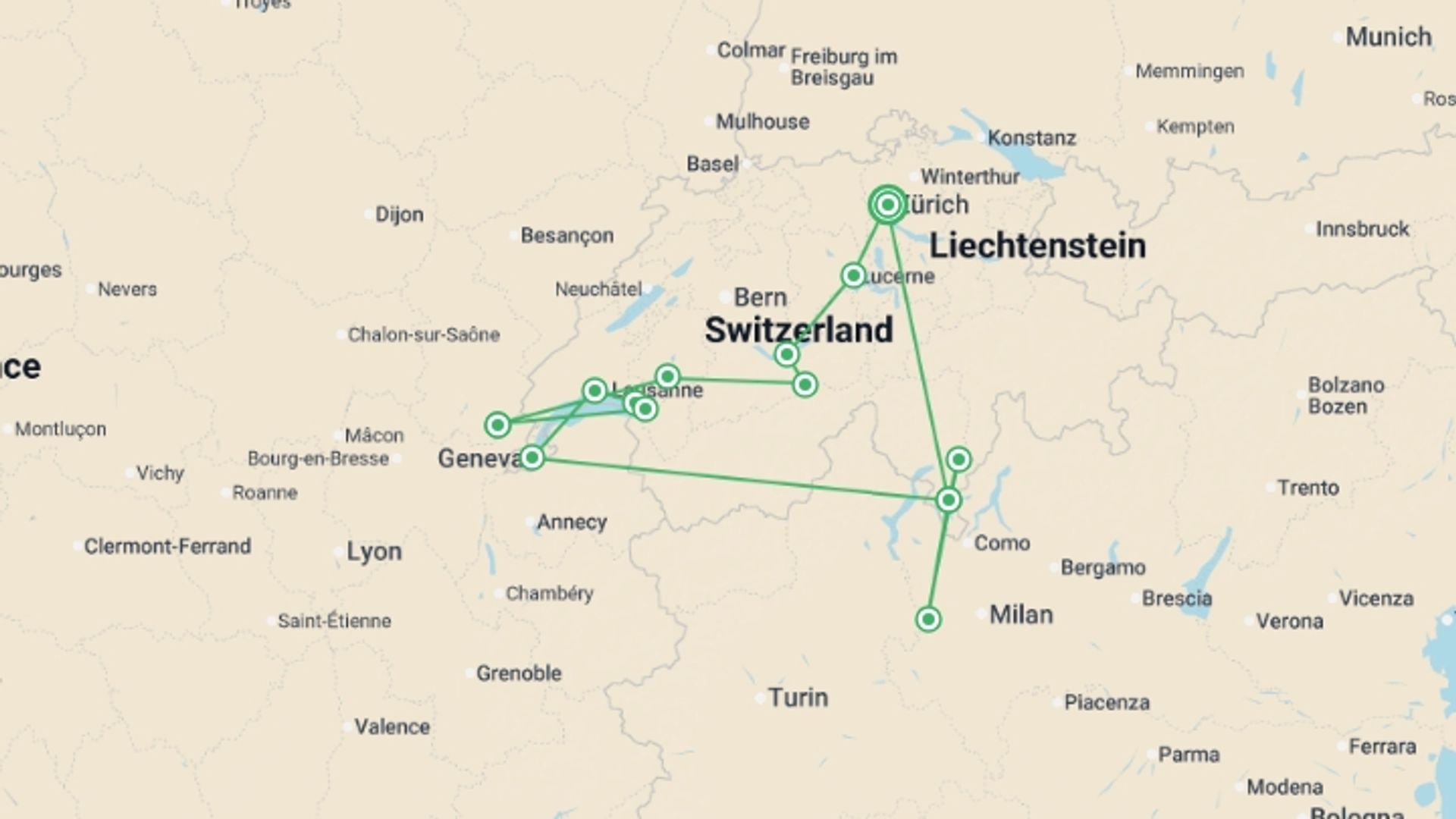 A map showing the tour itinerary for the trip: Best of Switzerland Small Group Adventure, starting in Zurich, Switzerland and ending in Zurich, Switzerland going through 7 other destinations.