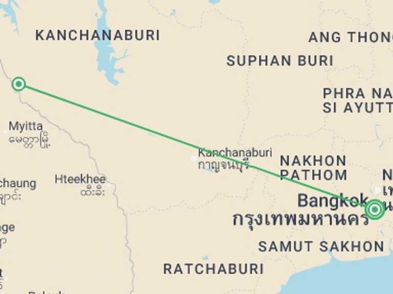 Map of Bangkok Sightseeing Tour with 2 destination visits for the trip: Cruise River Kwai - 9 days