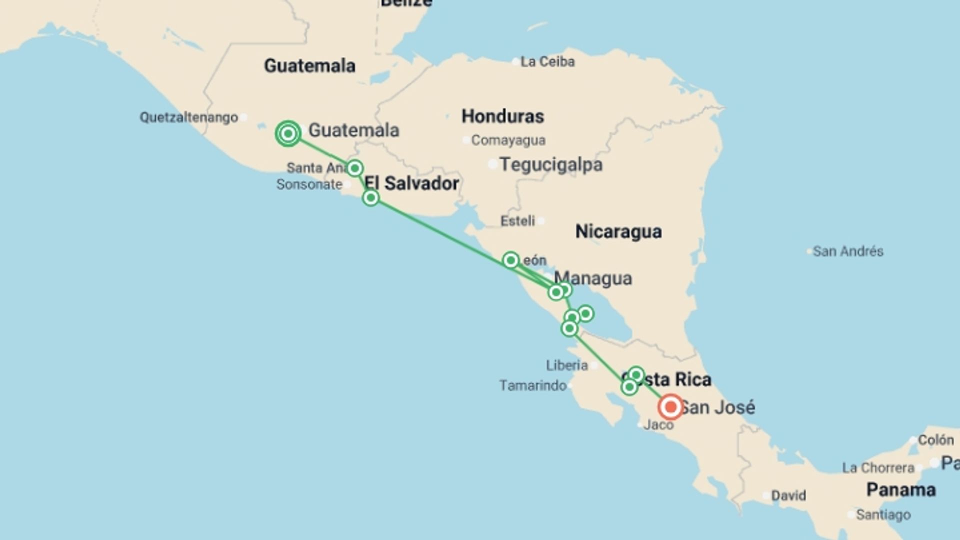 A map showing the tour itinerary for the trip: Antigua to San Jose, starting in Antigua, Guatemala and ending in San Jose, Costa Rica going through 8 other destinations.