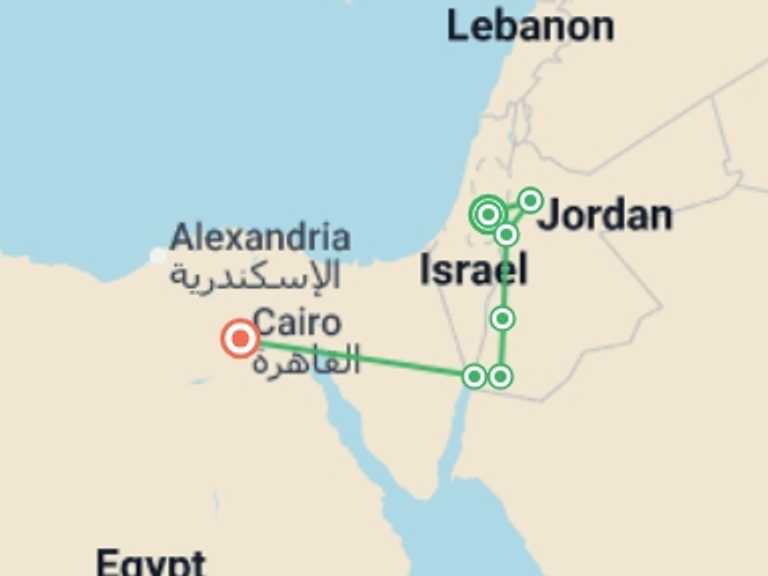 Map itinerary of Mediterranean Tour in December 2026 with 7 destination visits for the trip: Jerusalem, unforgettable Jordan and Cairo