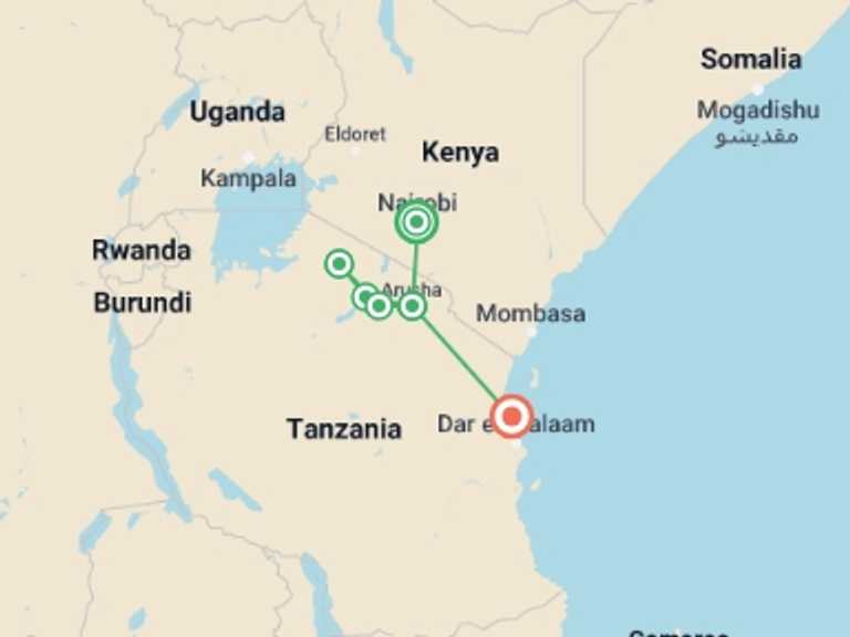 Map of Africa Wildlife safaris and game drives Tour with 7 destination visits for the trip: Classic Serengeti & Zanzibar