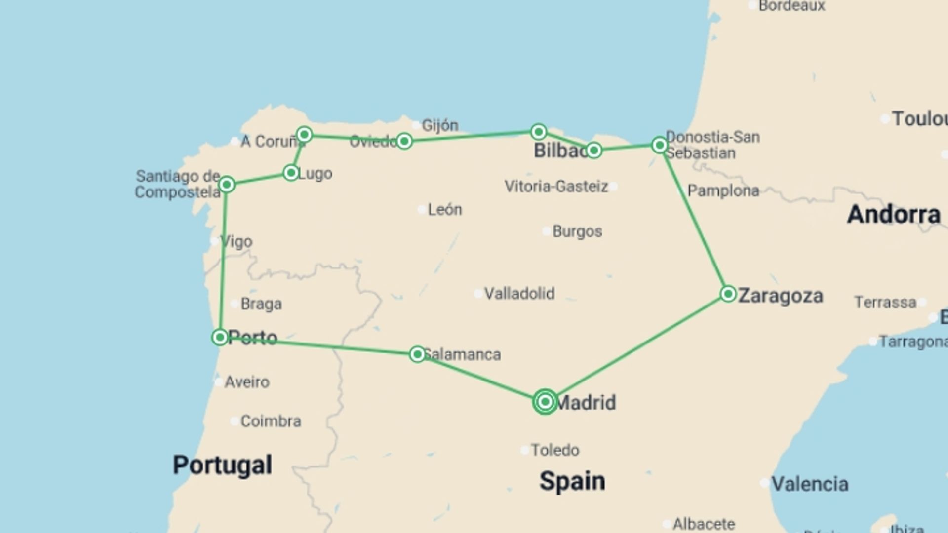 A map showing the tour itinerary for the trip: Madrid to Galicia & Porto - 13 days, starting in Madrid, Spain and ending in Madrid, Spain going through 6 other destinations.