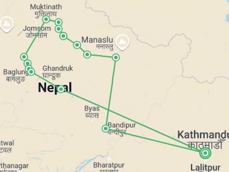 Map of 18-Day Pokhara Tour with 14 destination visits for the trip: Annapurna Circuit Trek