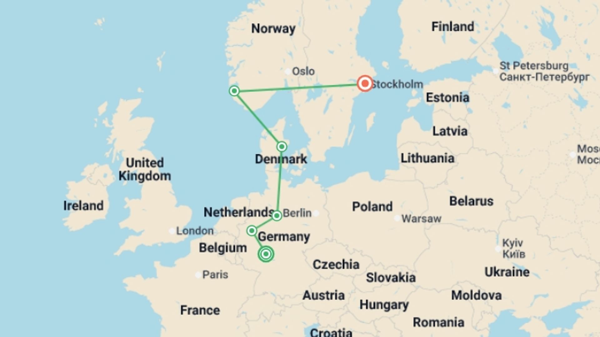 A map showing the tour itinerary for the trip: Rhine, Fjords, and Nordic Wonders - 10 days, starting in Frankfurt, Germany and ending in Stockholm, Sweden going through 4 other destinations.