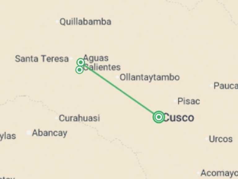 Map of 7-Day Cusco Tour with 4 destination visits for the trip: Inca Trail Trek to Machu Picchu - 7 days