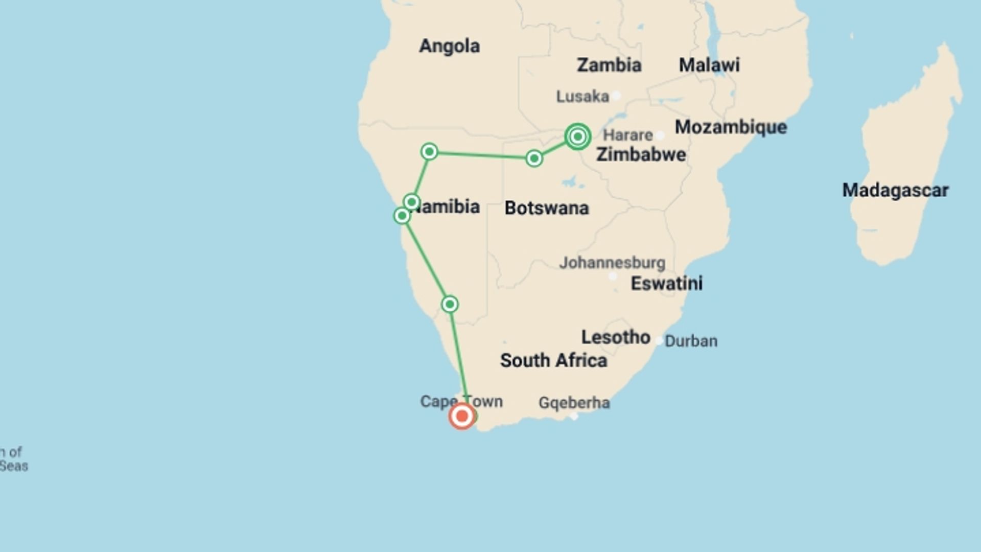 A map showing the tour itinerary for the trip: Victoria Falls To Cape Town (22 Days), starting in Victoria Falls, Zimbabwe and ending in Cape Town, South Africa going through 8 other destinations.