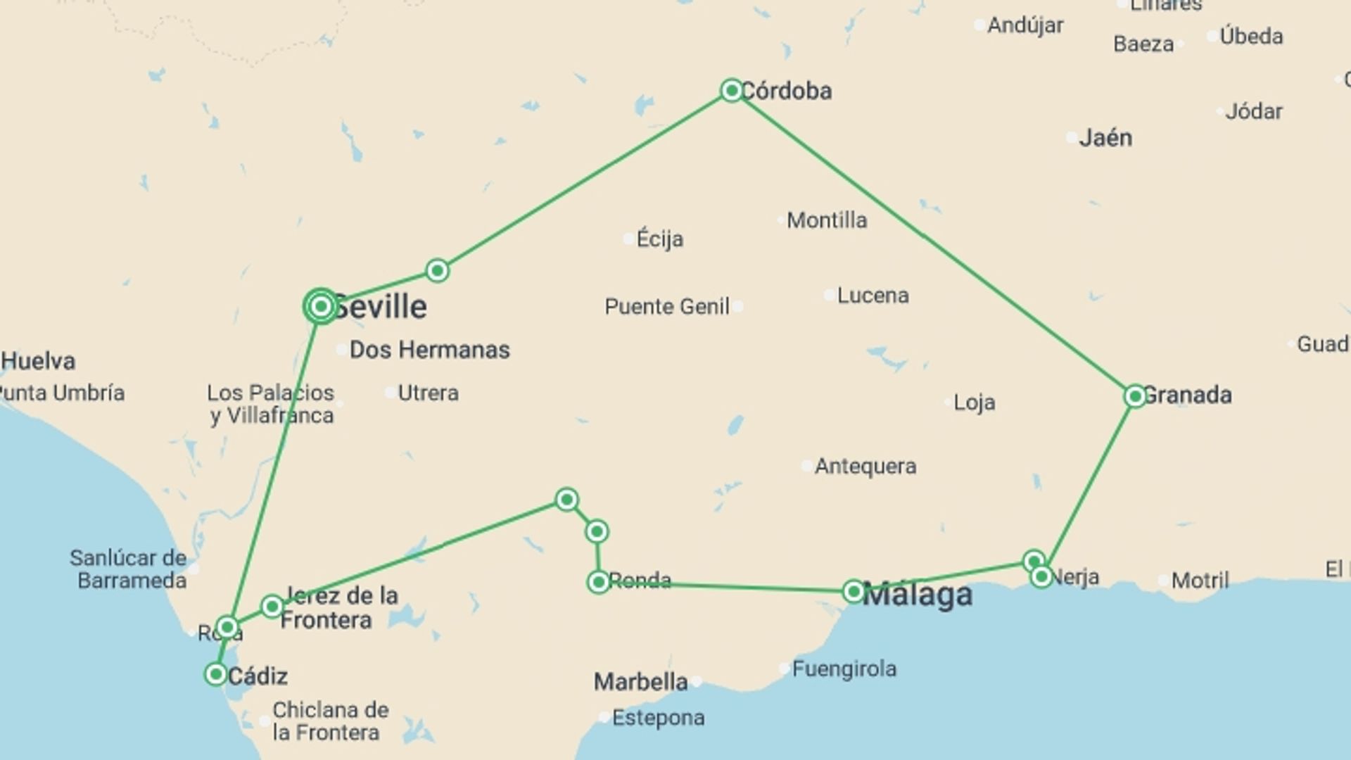 A map showing the tour itinerary for the trip: Discovering the Soul of Andalusia, starting in Seville, Spain and ending in Seville, Spain going through 4 other destinations.