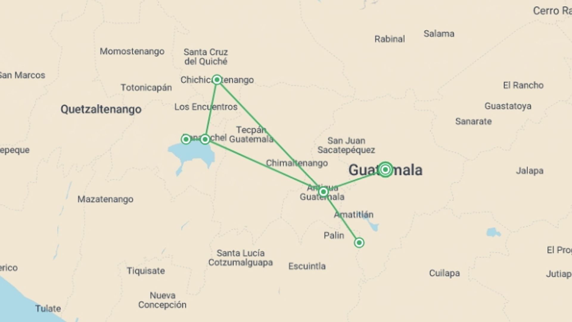 A map showing the tour itinerary for the trip: Gorgeous Guatemala, starting in Guatemala City, Guatemala and ending in Guatemala City, Guatemala going through 2 other destinations.