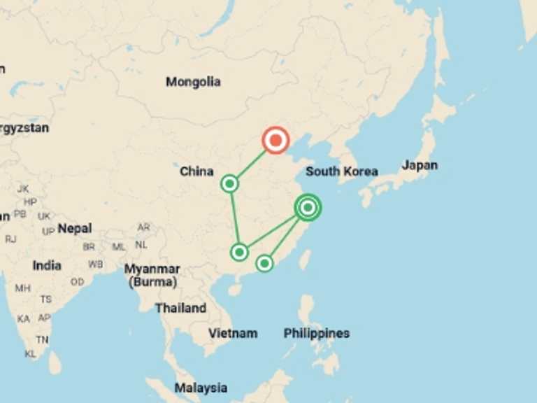 Map of China Tour with 5 destination visits for the trip: Premium China