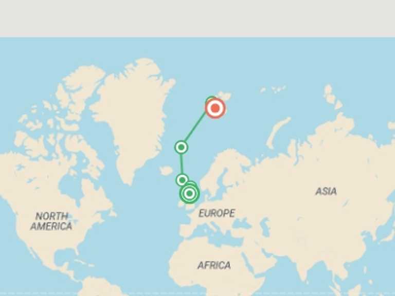 Map of Europe Tour with 7 destination visits for the trip: Arctic Saga: Spitsbergen, Faroes & Jan Mayen