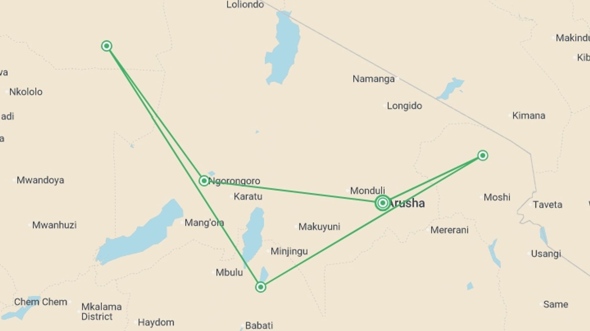 A map showing the tour itinerary for the trip: Wild About Tanzania - 10 days, starting in Arusha, Tanzania and ending in Arusha, Tanzania going through 4 other destinations.