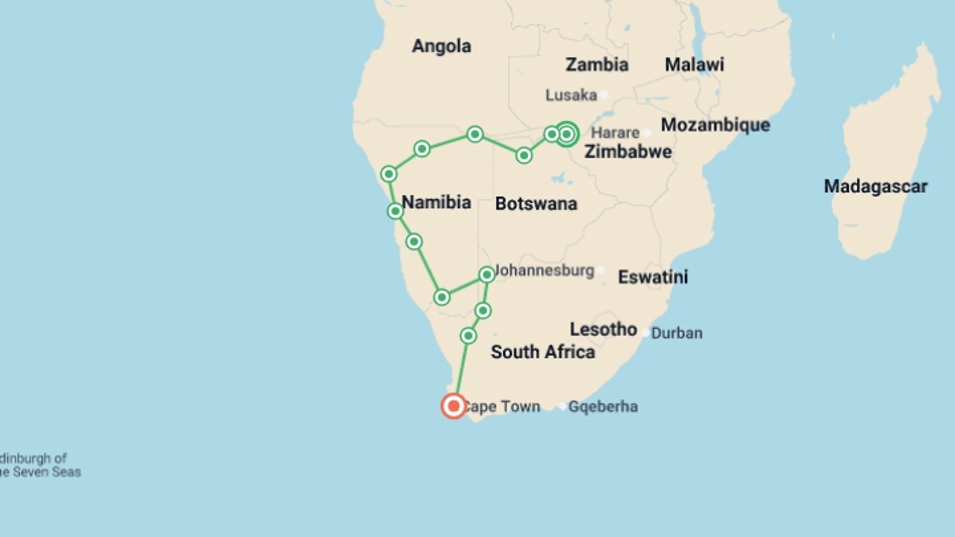 A map showing the tour itinerary for the trip: Victoria Falls to Table Mountain - 20 days, starting in Victoria Falls, Zimbabwe and ending in Cape Town, South Africa going through 11 other destinations.