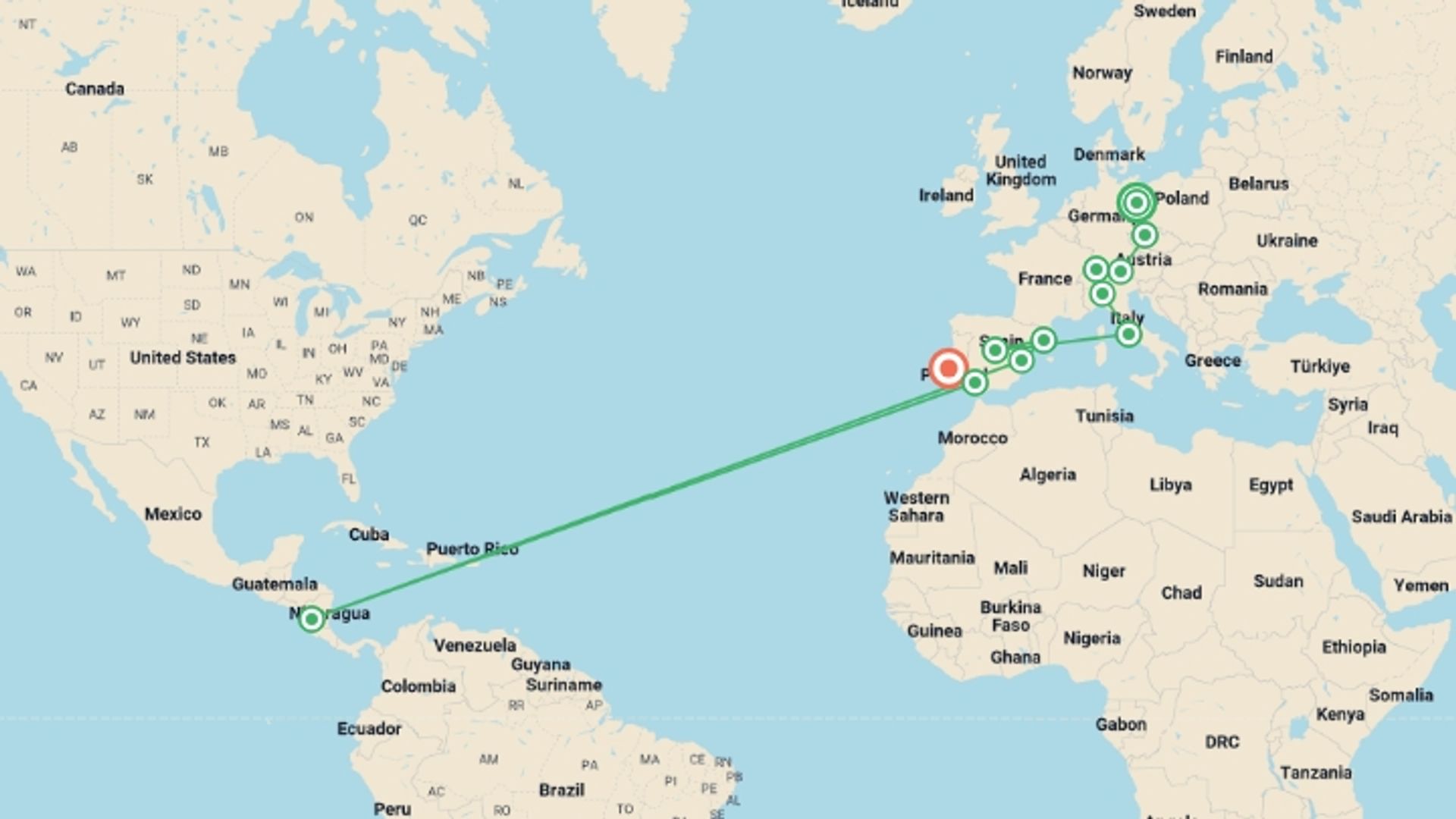 A map showing the tour itinerary for the trip: Continental Europe GO, starting in Berlin, Germany and ending in Lisbon, Portugal going through 10 other destinations.