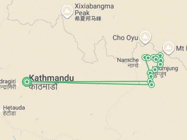 Map of Nepal Tour with 16 destination visits for the trip: Everest Three Passes Trek