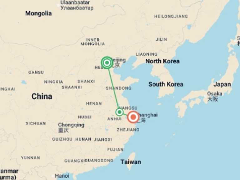Map itinerary of Asia Tour in June 2026 with 3 destination visits for the trip: Beijing and Shanghai