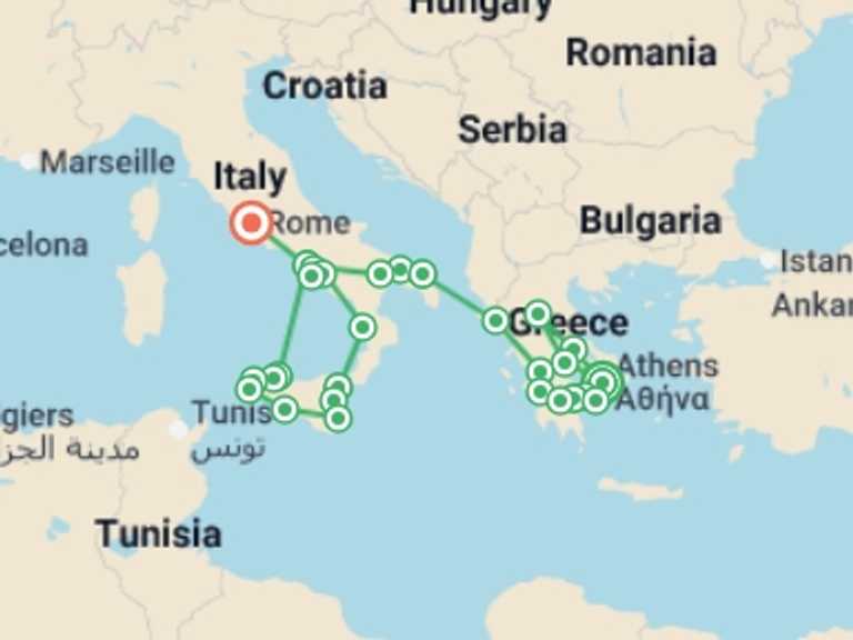Map itinerary of Mediterranean Tour in July 2026 with 11 destination visits for the trip: Complete Greece and Sicily